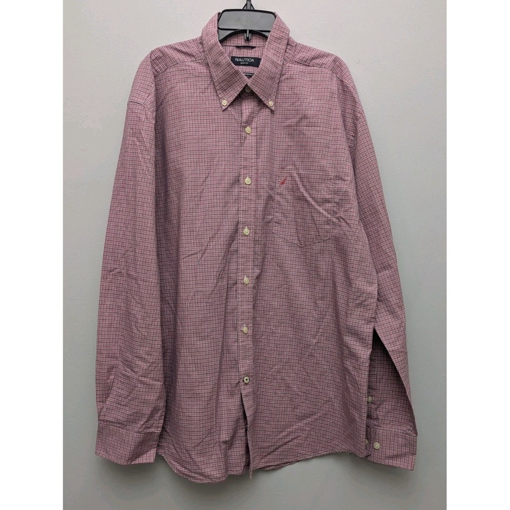 D5 Men's Nautica Red Plaid Long Sleeve Cotton Button Up Slim Fit Shirt XL